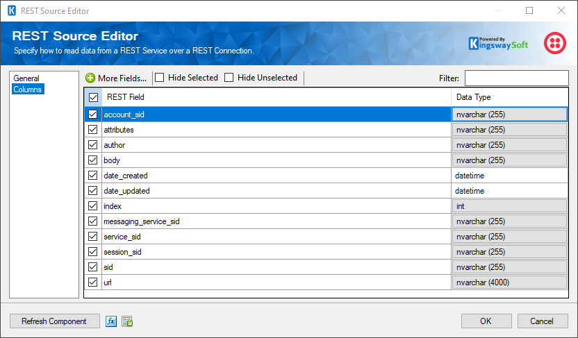 SSIS Twilio REST Source - Columns